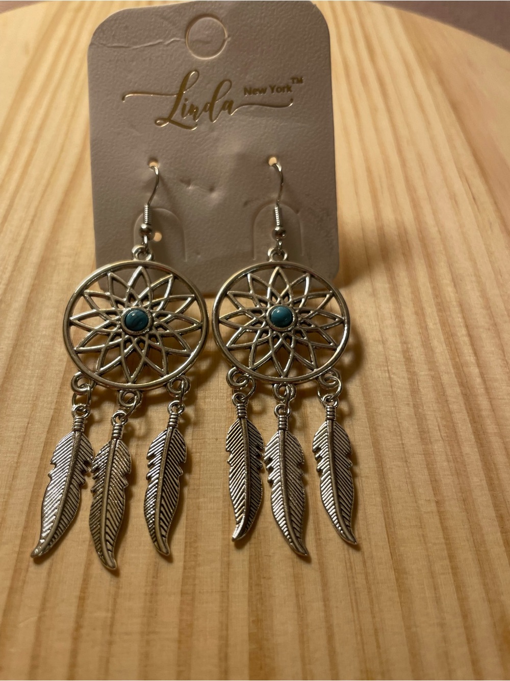 Linda New York Silver Dreamcatcher Earrings with Teal Accent